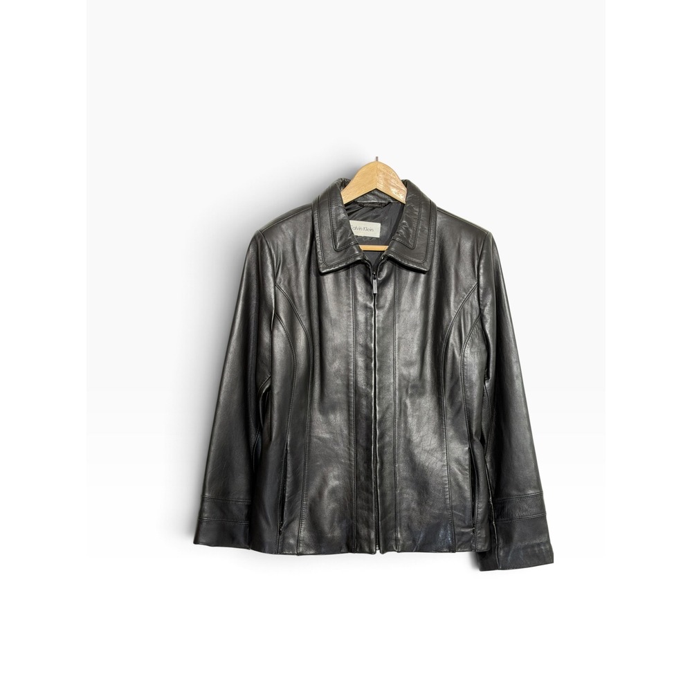 Calvin Klein Vintage 90s Black Leather Jacket Mod Structured Clean Minimalist